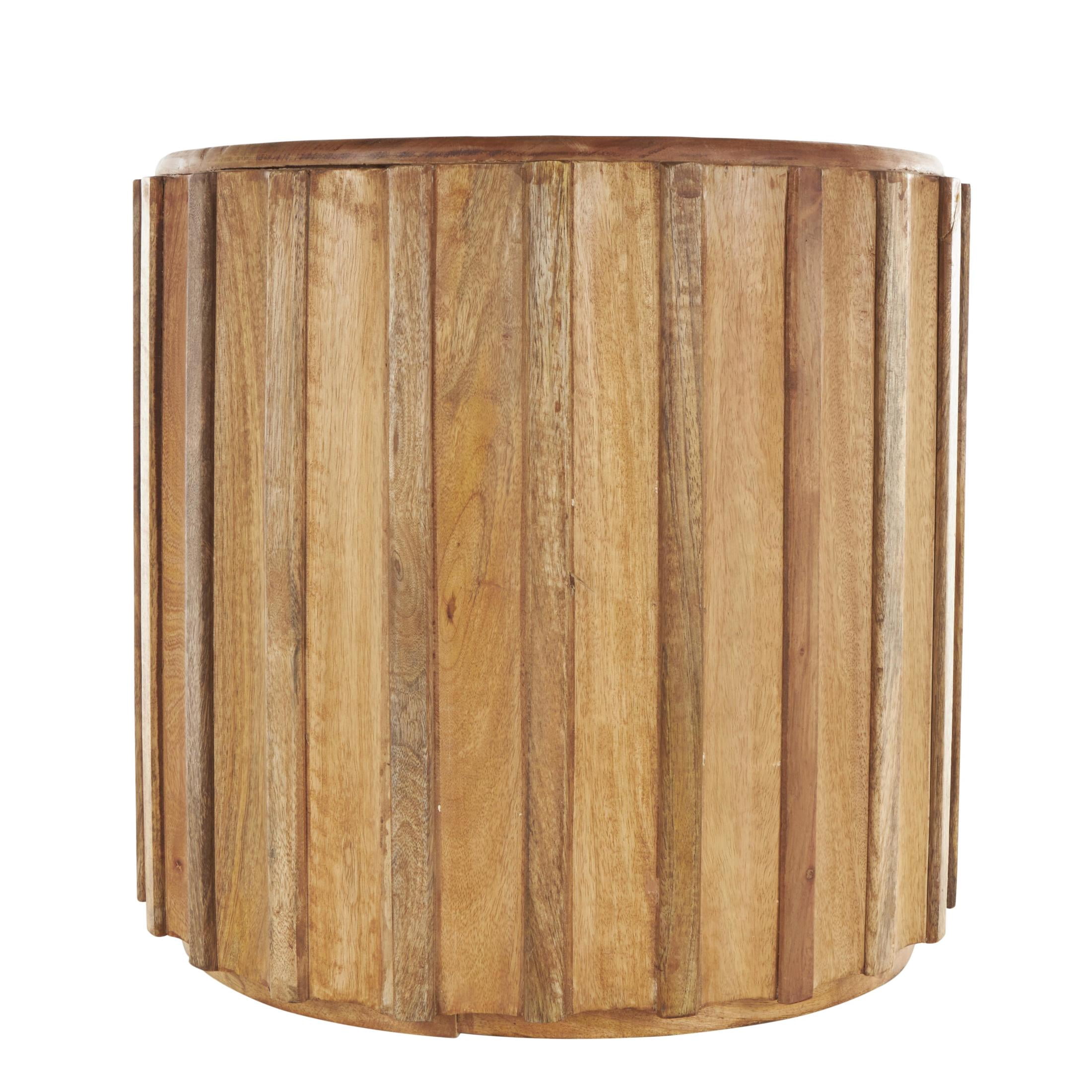 DecMode 19" x 18" Brown Mango Wood Handmade Concaved Curve Drum Accent Table with Ridges, 1-Piece