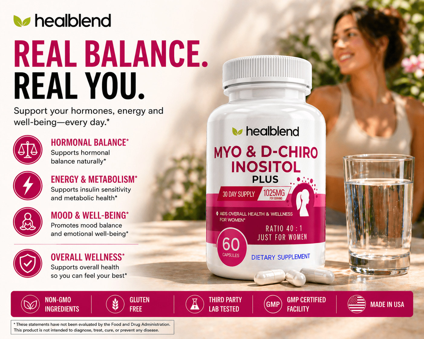 Healblend Myo Inositol & D-Chiro Inositol Plus Supplement - Support Hormonal Balance, Fertility & Healthy Ovarian Function for Women - 60 Capsules