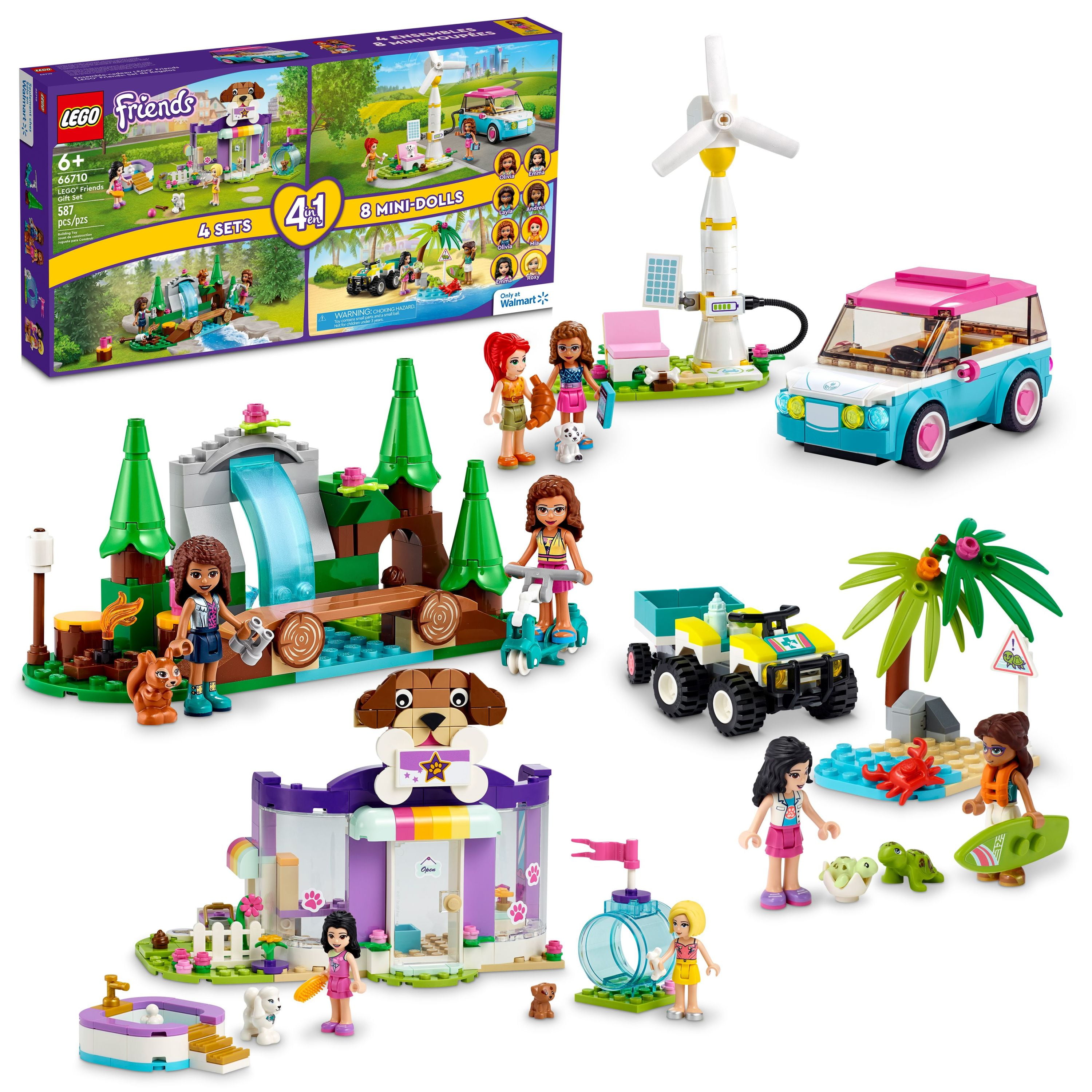 LEGO Friends 66710 4-in-1 Building Toy Gift Set: Doggy Day Care, Turtle Protection Vehicle, Forest Waterfall and Olivia's Electric Car