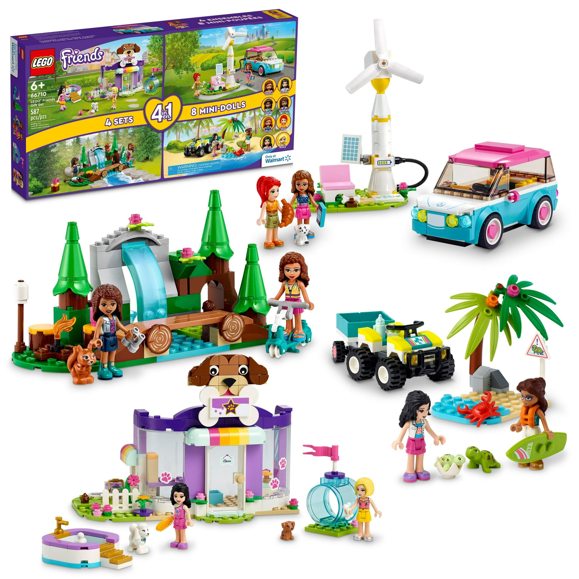 LEGO Friends 66710, 4-in-1 Building Toy Gift Set: Doggy Day Care, Turtle Protection Vehicle, Forest Waterfall and Olivia's Electric Car