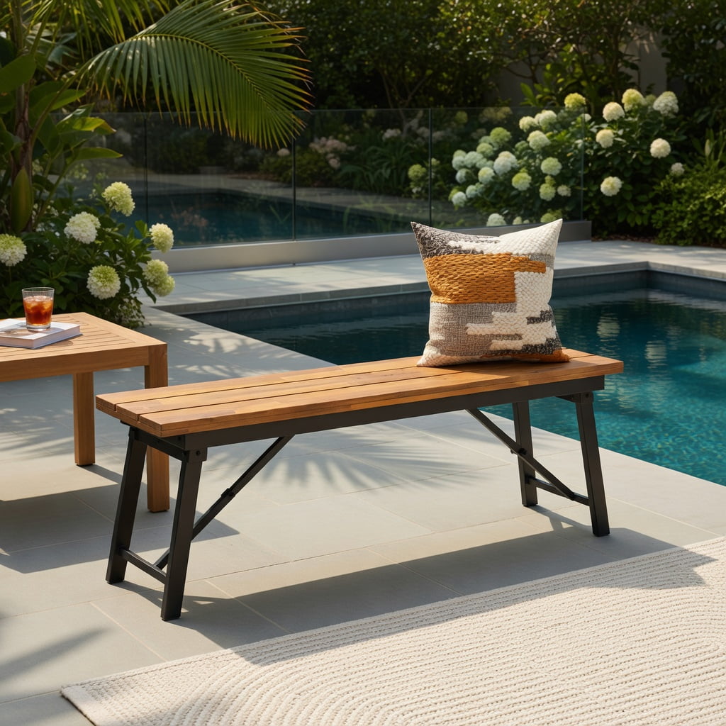 Hommoo Folding Rectangular Picnic Bench Set, Acacia Wood & Metal Outdoor Dining Bench for Patio, Camping, BBQ, and Poolside, Space-Saving Foldable Design, Natural