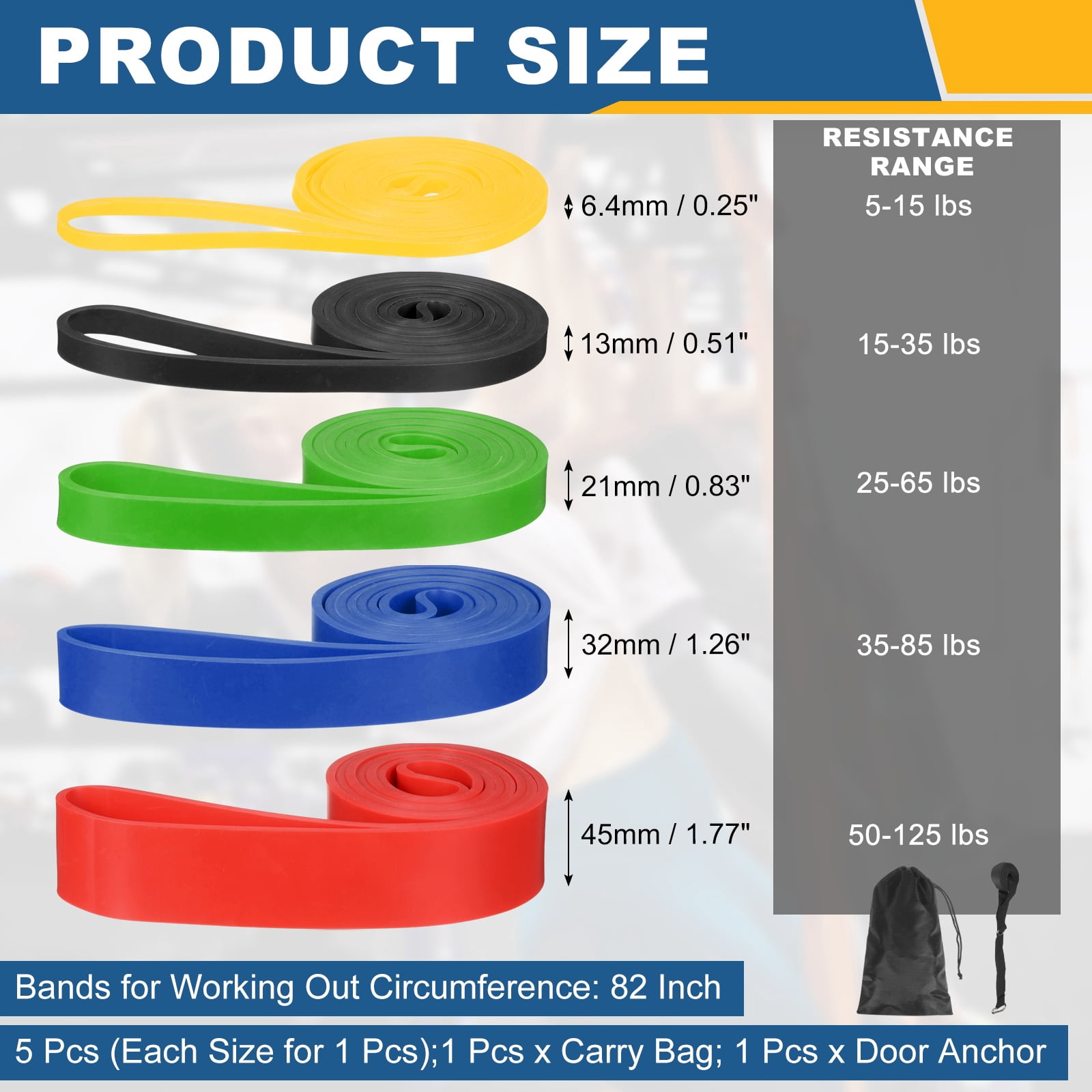 Uxcell Resistance Bands for Working Out, 5 Levels Pull Up Assistance Bands with Carry Bag & Door Anchor 5 Pcs & Multicolor