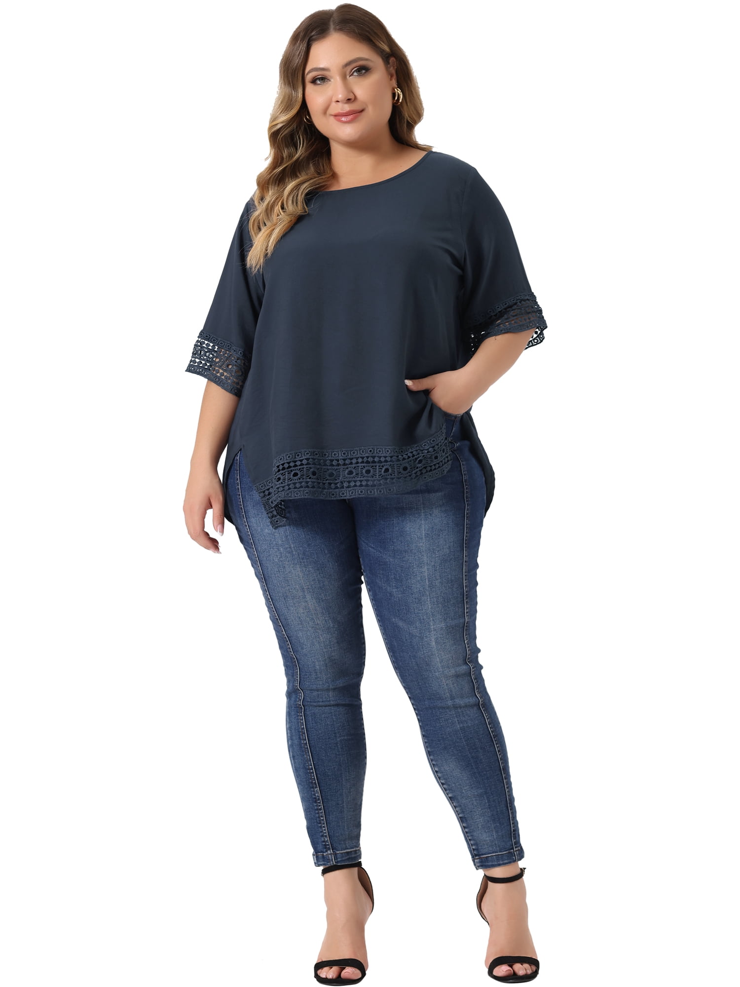Women's Plus Summer Tops Lace Crochet Short Sleeve Casual Blouses 4X Navy Blue