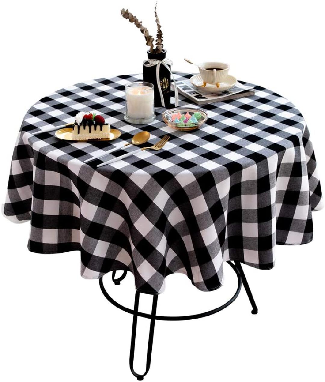 Round Tablecloth 60 Inches Buffalo Plaid Table Cloth Gingham Cotton Linen Tabletop for Kitchen