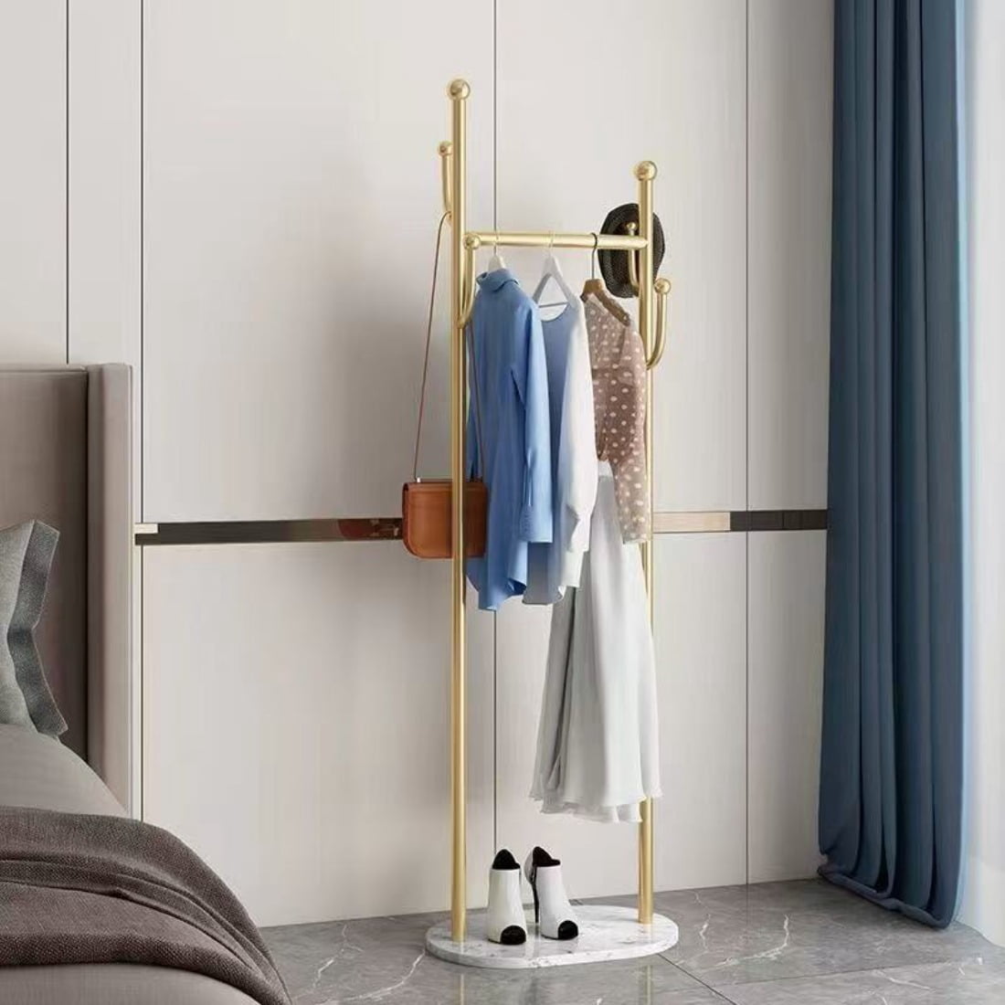 Clothing Rack, Golden Metal Freestanding Heavy Duty Clothes Rack with Marble Base, Multipurpose Garment Hanger for Bedroom, Hat, Scarf, Jacket