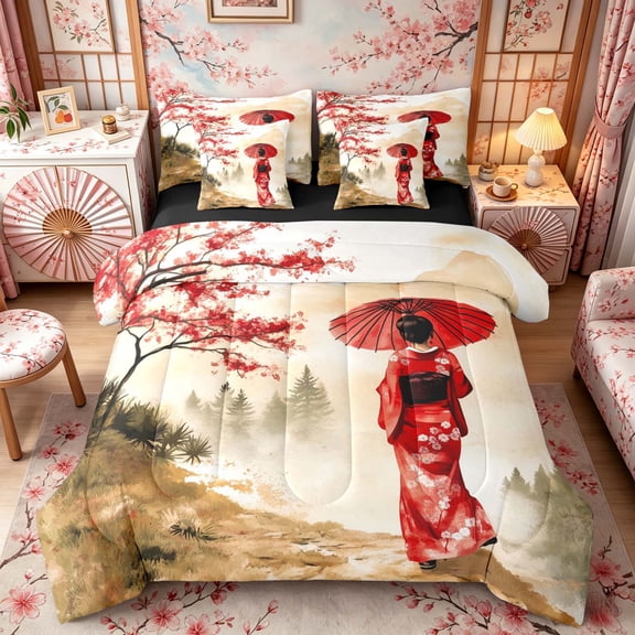 Manfei Watercolor Geisha Twin Bedding Sets for Home, Fuji Sakura Bedding Comforter Set for Office, Red Brown Green, Black Reversible7 Pieces