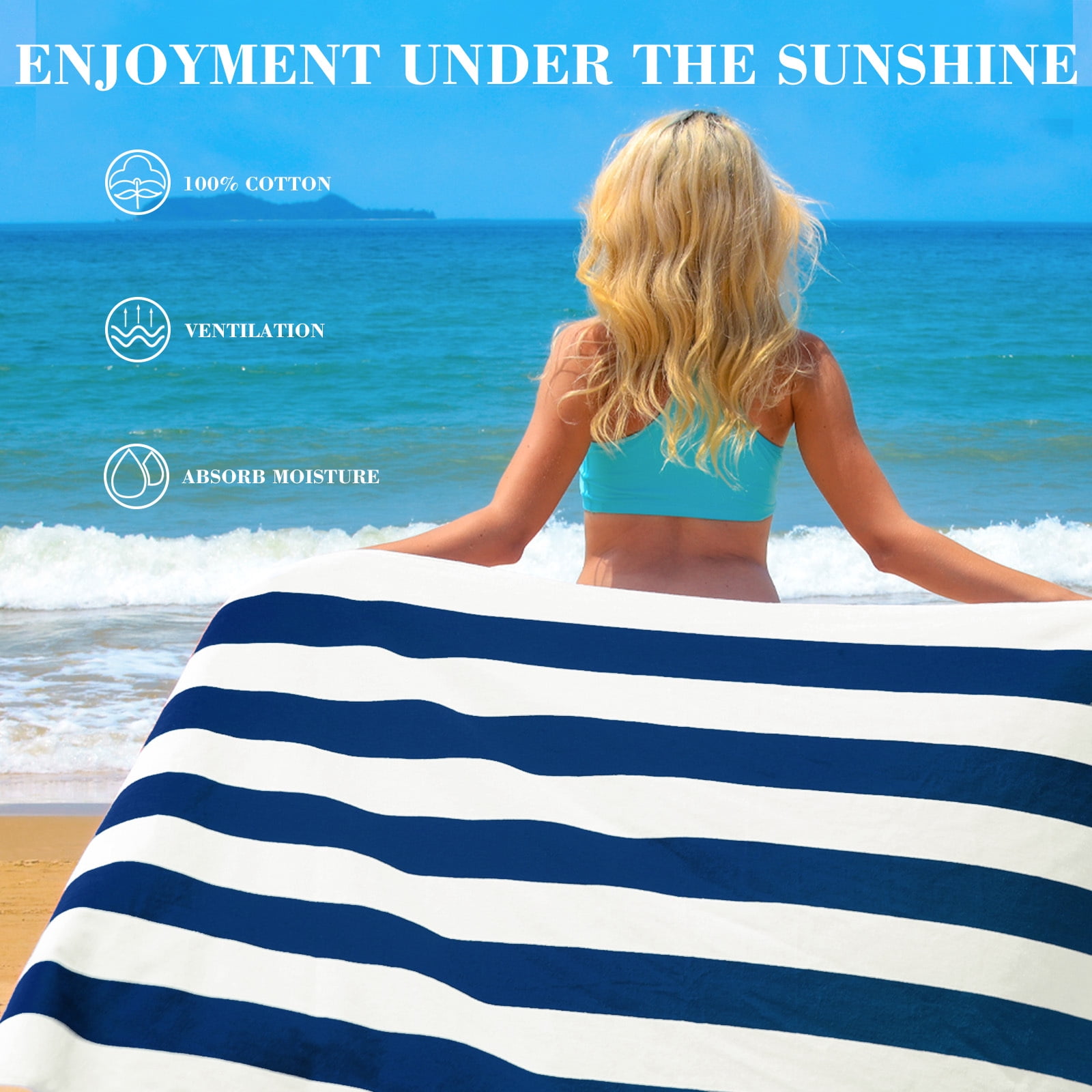 Exclusivo Mezcla 2-Pack Cotton Large Cabana Stripe Beach Towels, Super Absorbent Soft Plush Pool Towel, Bath Towel (Dark Navy, 30"x60")