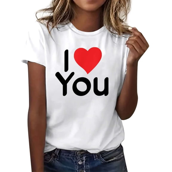 KHONTS Valentine's Day Heart Printed Couple Humor Tees Short Sleeve Crew Neck Tops I Love You T Shirts White XL