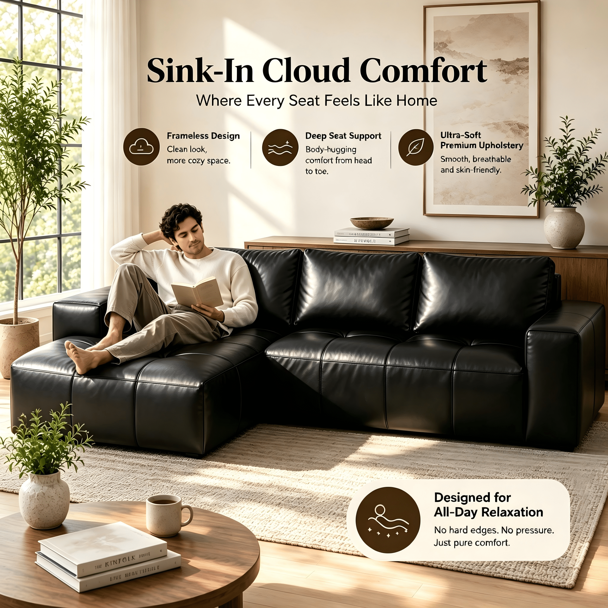 Aenkyo 114" Faux Leather L-Shaped Sectional Sofa with Left Hand Chaise, Boneless Modular Couch, Black
