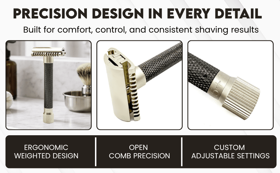 Parker THE VARIANT OPEN COMB - ADJUSTABLE Double Edge Safety Razor, Customize your Shave with a Turn of the Dial from Mild to Aggressive - 5 Blades Included (Graphite Gray)