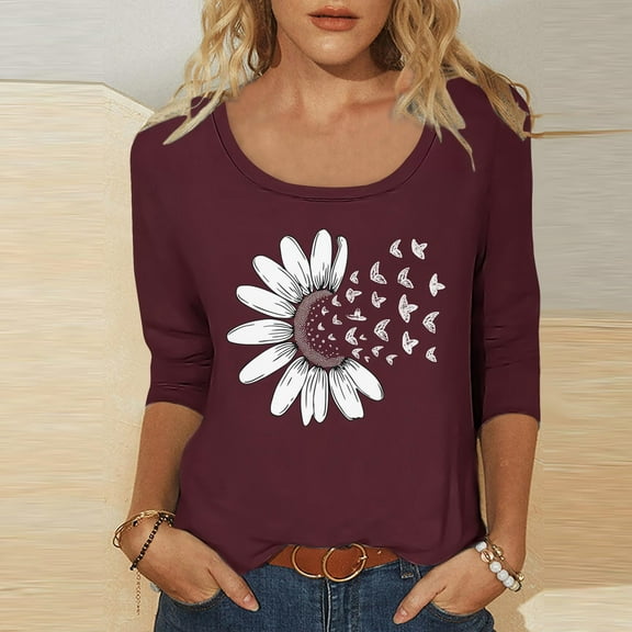 Viluyesy Round Neck T-Shirt for Womens 3/4 Sleeves Shirt Tops Fashionable Relaxed Loose Blouse Multicolor Size S