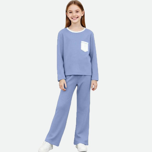 Conjuntos de blusas y camisas de cuello redondo y manga larga para niños Invierno Conjunto de dos piezas de ropa de casa de color liso Camisas de manga larga Pantalones largos y pijamas Top de poliést