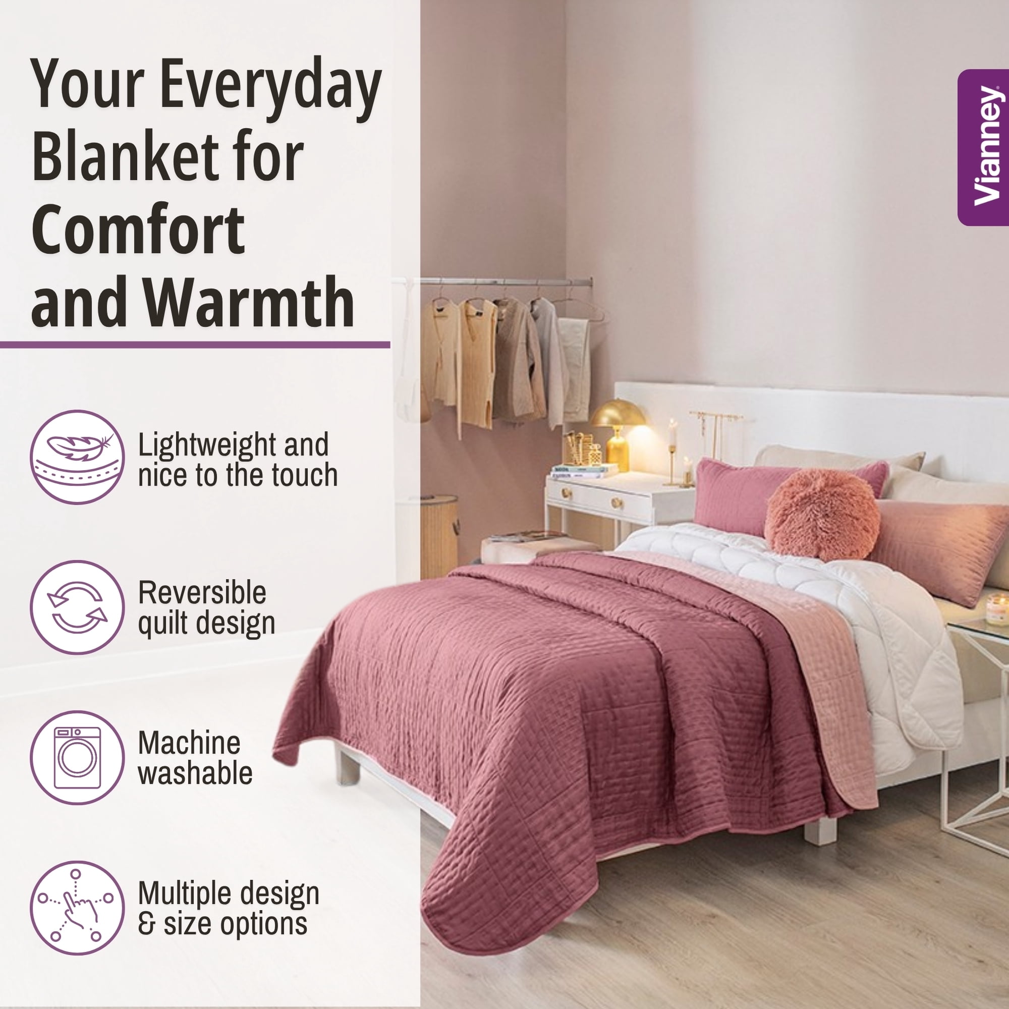 Vianney King Size Comforter - Novo Blush Reversible Lightweight Quilt Blanket - Soft and Breathable 110x93 Inches - Ideal All Season Bedding for King Beds