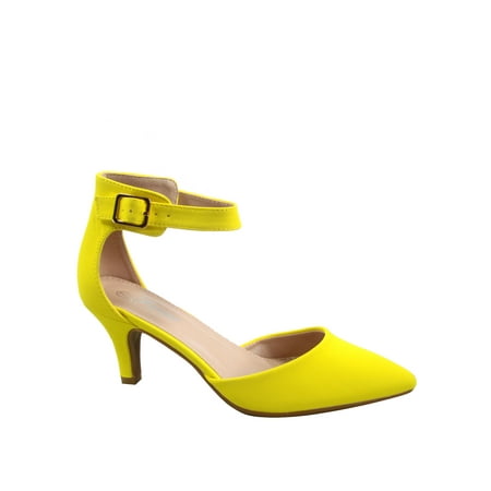

Sunrise-39 Women s Ankle Strap Buckle Pointy Toe Stiletto Low Heel Pumps ( Yellow 5 )