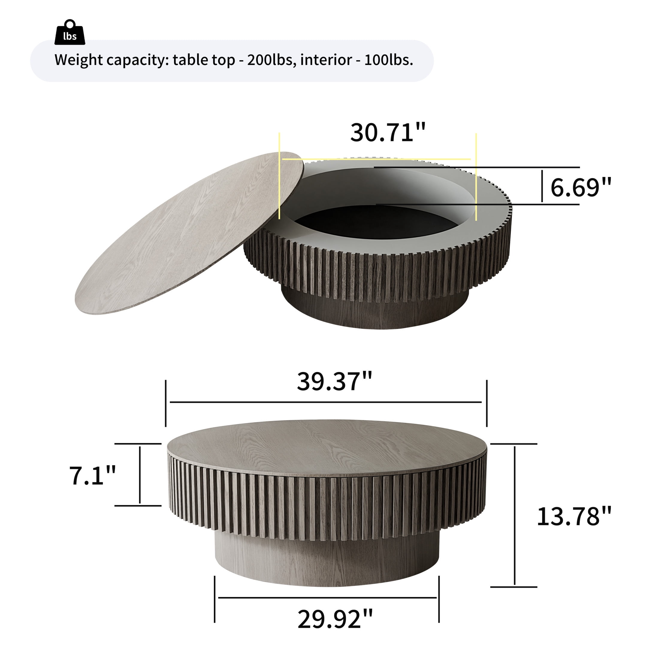 Noble House 39.37" Round Coffee Table, Solid Wood Veneer Drum with Hidden Storage, Fluted Design, for Living Room, Grey