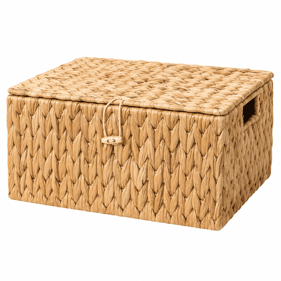 Large Water Hyacinth Storage Basket with Lid, Handwoven Wicker Organizer with Handles, Decorative Basket for Shelves, Bathroom, Living Room, Blankets, Towels and Home Organization, Natural