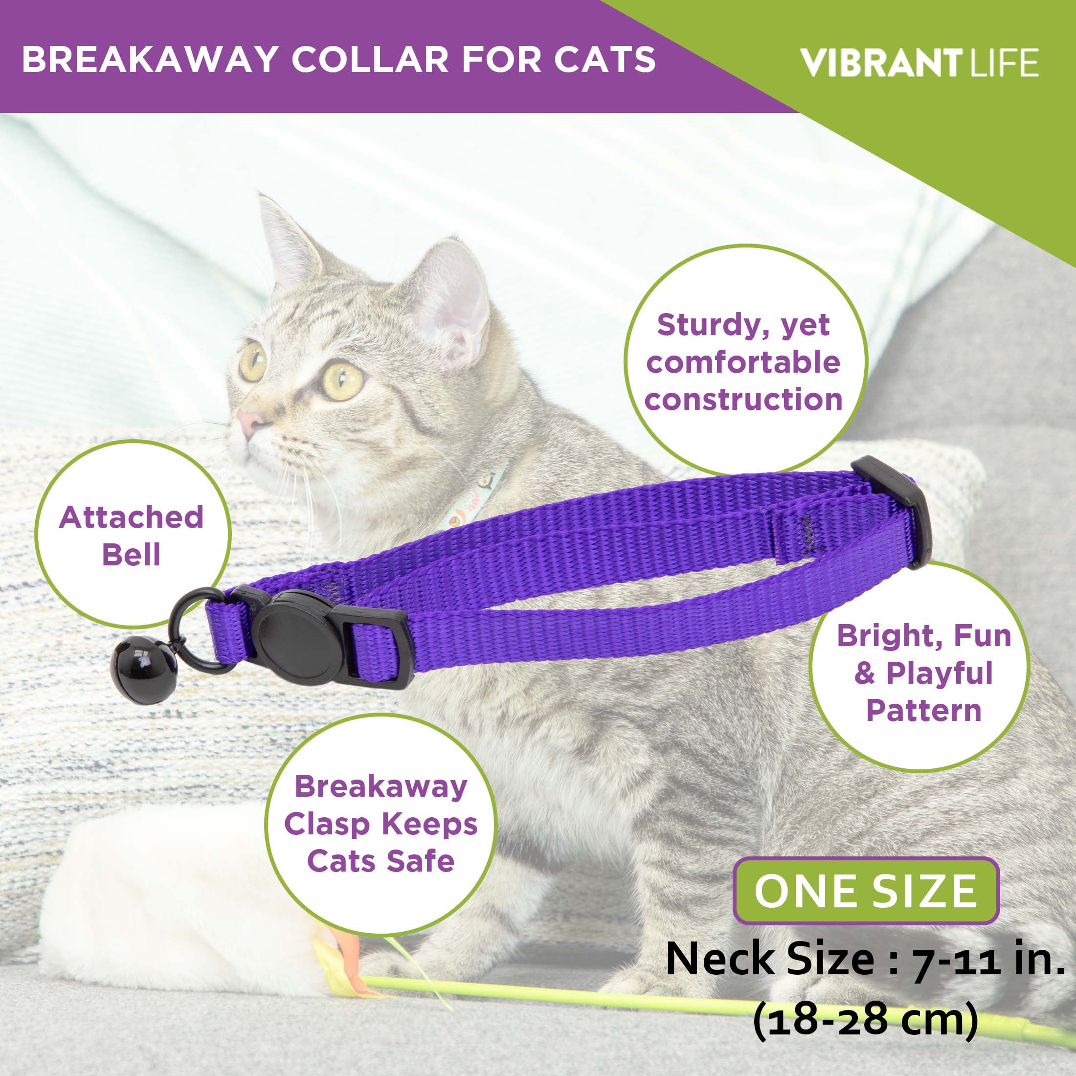 Vibrant Life 2-Pack Cat Collar, Multi Color Rainbow Stripe, and Solid Blue, One Size