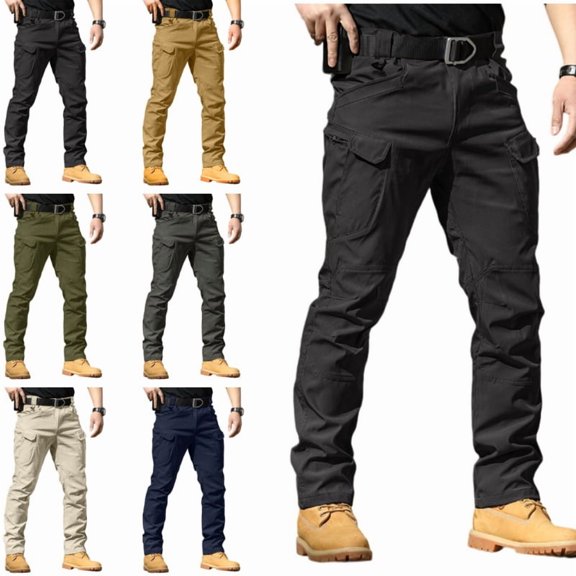 Mens Cargo Pants Water Resistant Relaxed Fit Hiking Work Pants Multi Pockets Lightweight Outdoor Ripstop Flex Baggy Camo Pant Black L