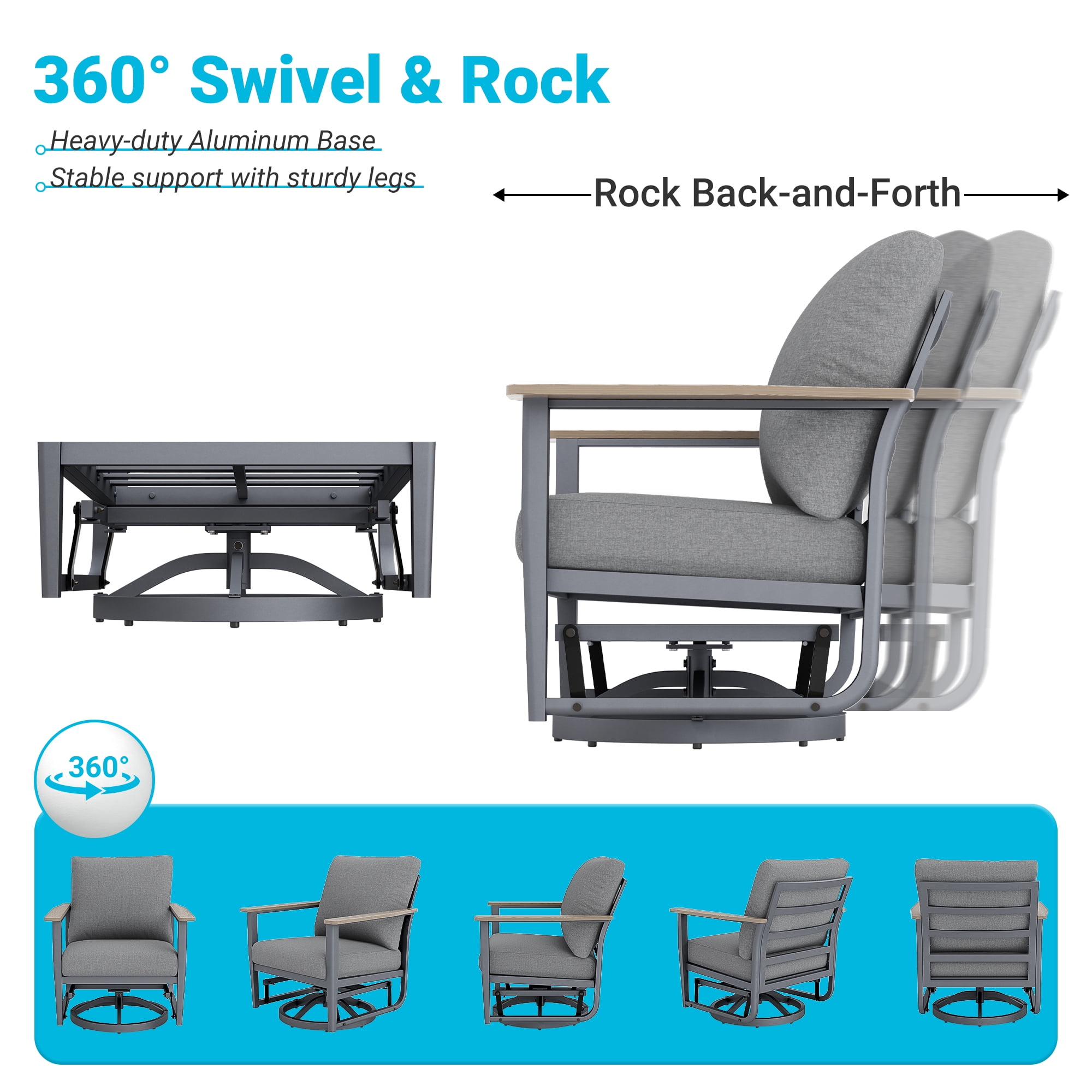 Muphyers 6 Piece Aluminum Patio Furniture Set, All Weather Patio Conversation Sets, Swivel Rocking Chairs and Ottomans, 5.1" Cushions Outdoor Couch for Porch, Garden, Backyard, Deck,Gray