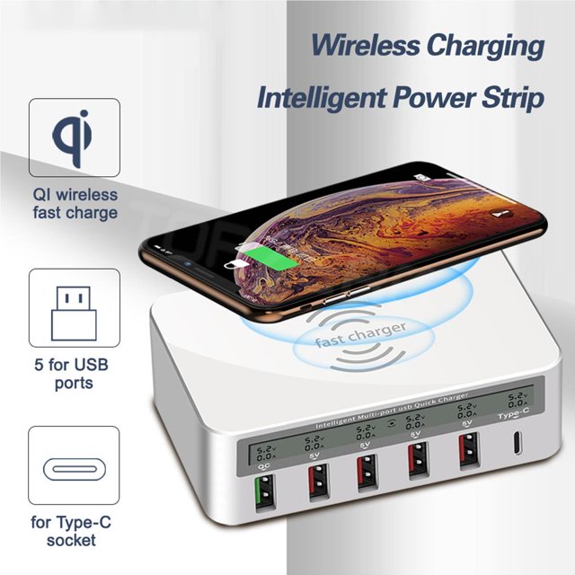 Inteprter 818F 6 en 1 rápido Multi-puertos inalámbrico USB C Tipo C Carga rápida QC3.0 Estación de carga de teléfono para / Teléfono y Comunicación