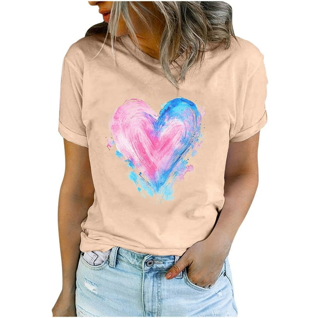 Diufon Hauts de la Saint-Valentin pour Femmes Décontracté Tendance Manches Courtes Col Rond Chemisier Imprimé Graphique Mignon