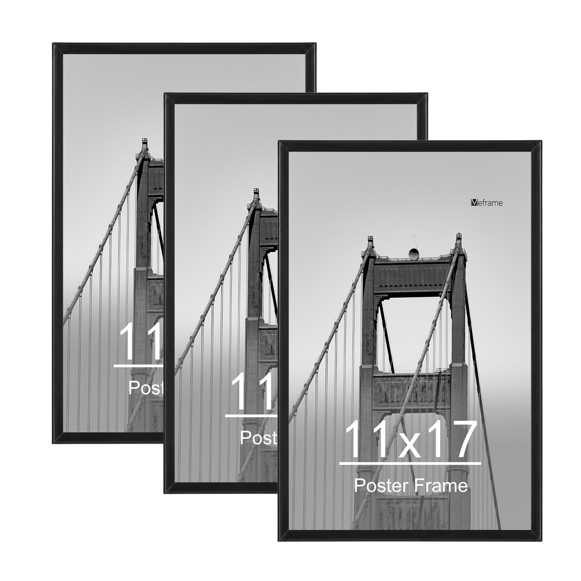 Meframe 11x17 Plastic Picture Frame Set of 3, Poster Frame for Wall Hanging, Horizontal or Vertical Display, Black
