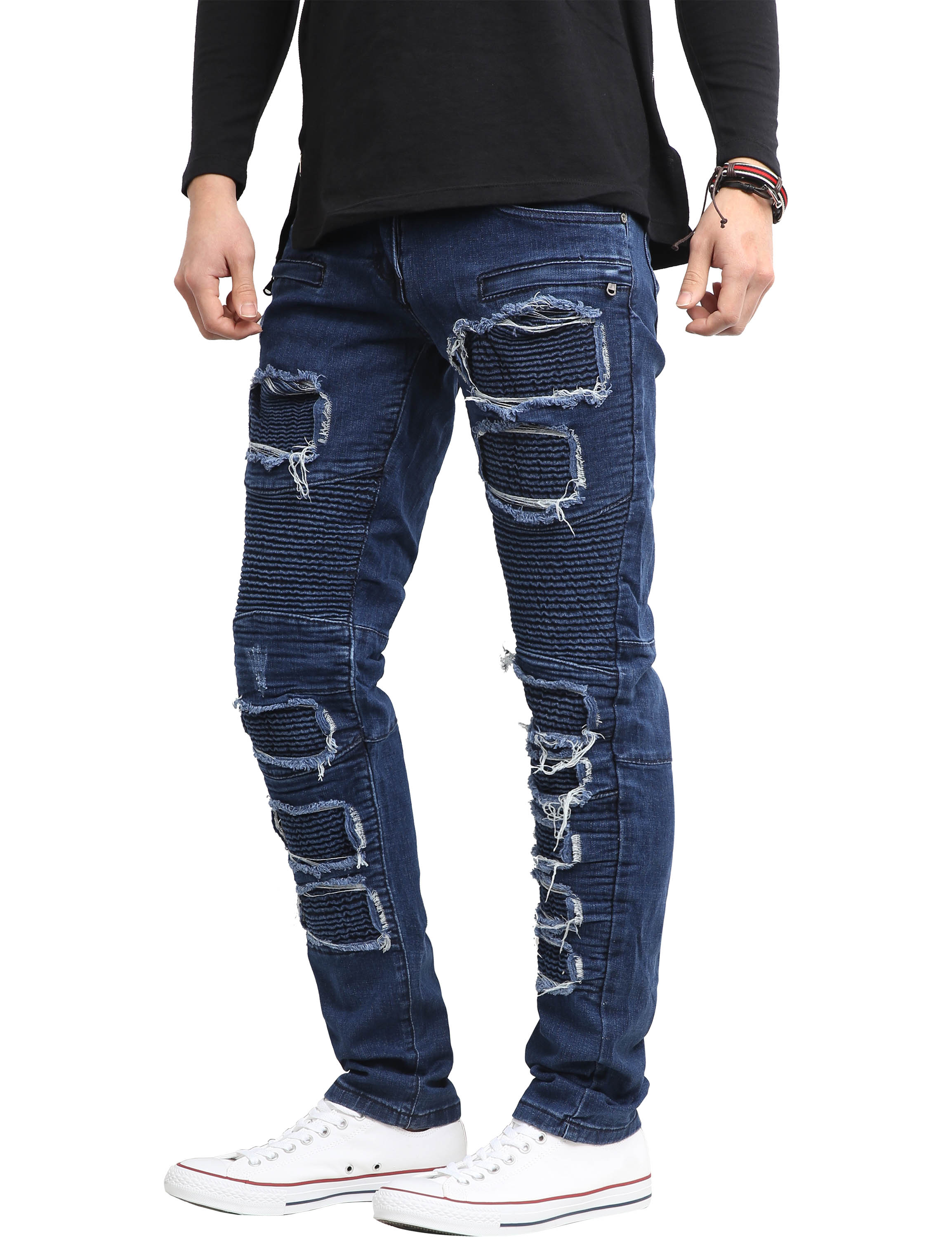 Ma Croix Mens Biker Jeans Distressed Ripped Zipper Straight Slim Fit Stretch Denim Pants - image 3 of 5