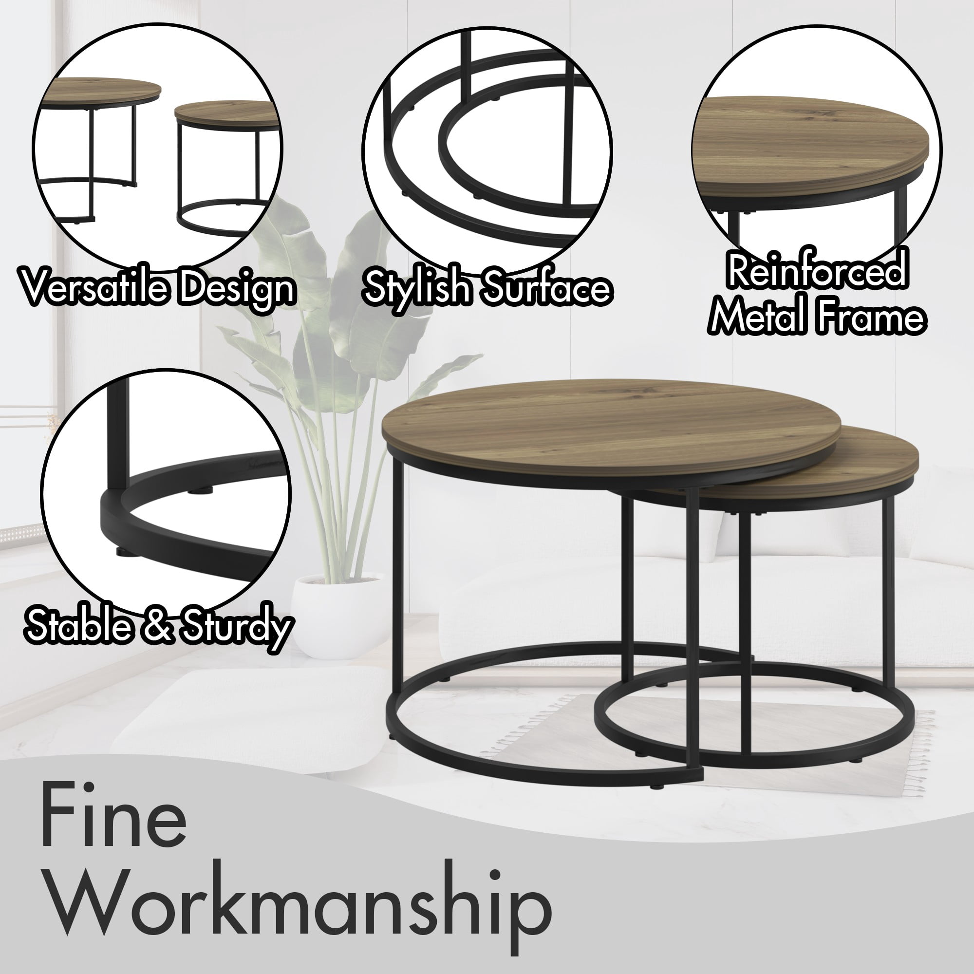Coffee Table Set of 2,27.6 inch Round Coffee Table with Sturdy Metal Frame,End Table Side Tables for Living Room Bedroom,Brown