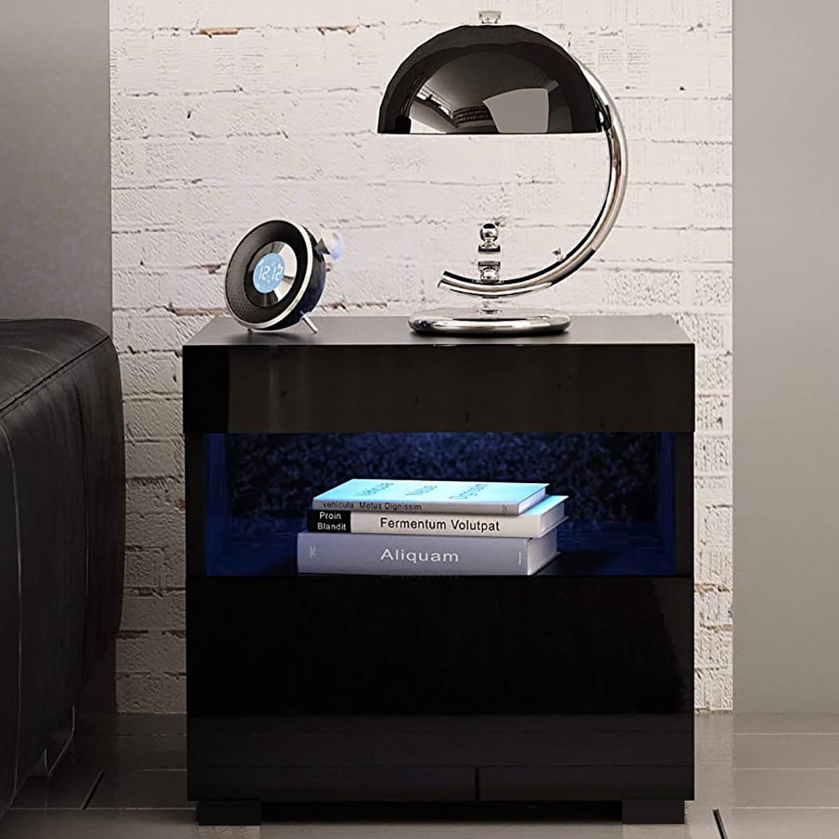 Modern Single Drawer Nightstand With RGB LED Light, High Gloss Finish