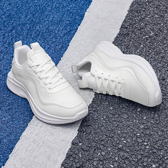 Men's All White Breathable Knit Lace Up Running Sneakers, Lightweight Cushioned Non-Slip Walking Shoes, Wide Toe Daily Gym Travel Casual Footwear