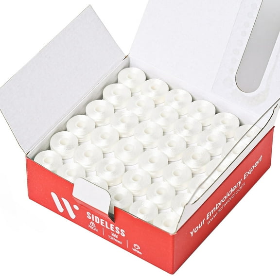 Richword Prewound Sideless 75D/2(60WT) White Embroidery Bobbins-Style L (144 Bobbins)