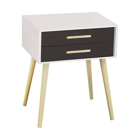 Prefinished Real Wood - Nightstand Modern Fashion 4 Thin Long Legs Space Station - 2 Tier Cubic Night Stand Storage Bedside Table with 2 Drawers | Real Natural Paulownia Wood - White & Navy