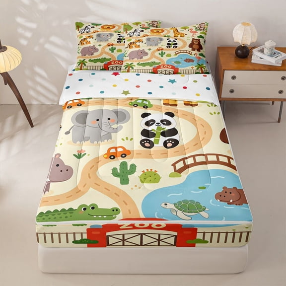Manfei Kawaii Giraffe Zipper Twin Comforter Sets with Fitted Sheet and 2 Pillowcases,Jungle Theme Print Zipper Bedding Set,Beige,Polkadot Reversible,4pcs