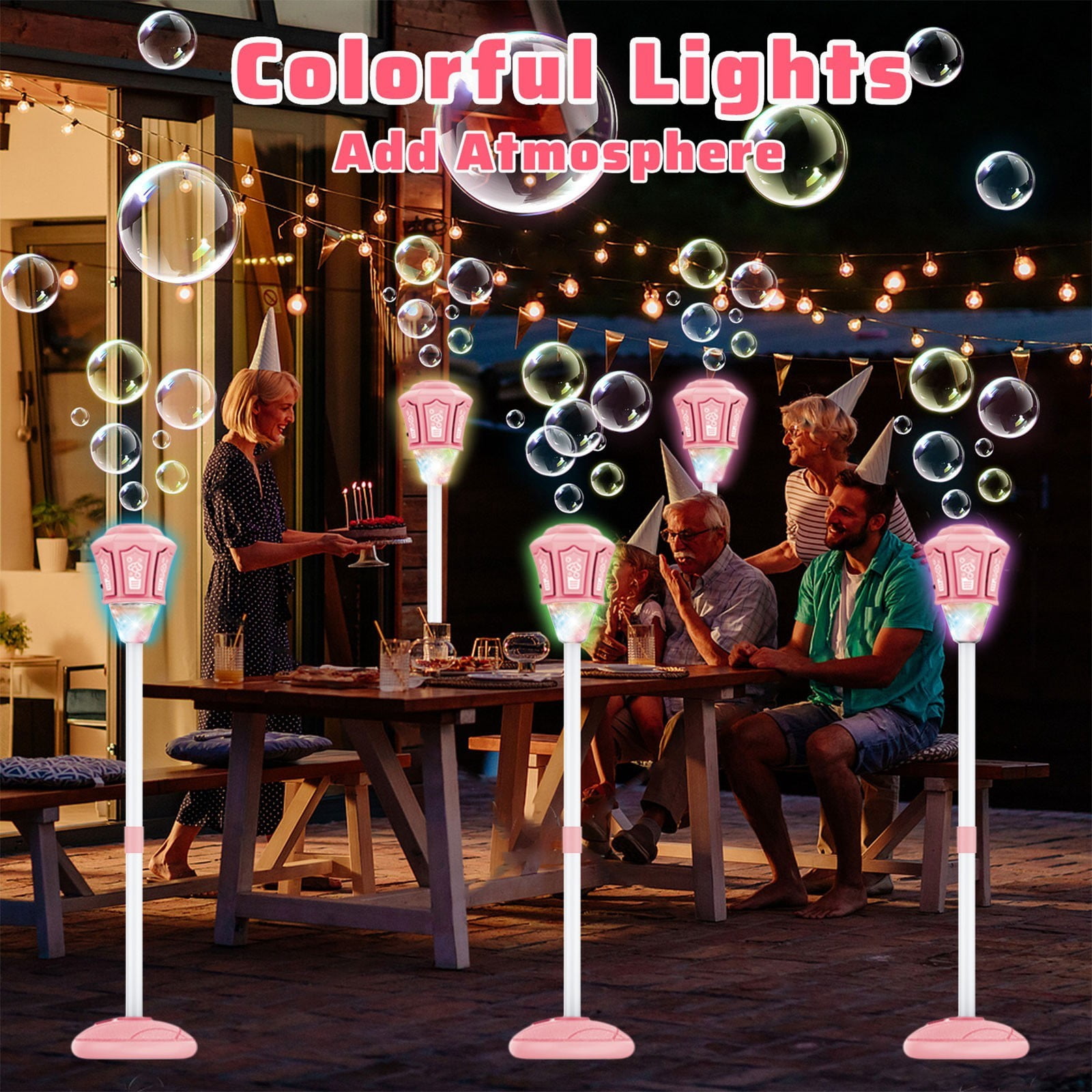 47" Rechargeable Automatic Bubble Maker with Light Music, 3-Level Adjustable Heights, Detachable Bubble Wand for Outdoor Party Wedding