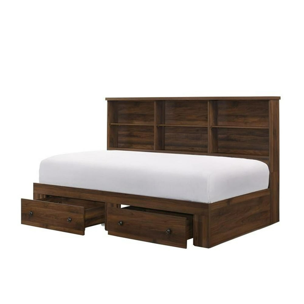 Rustic Style Wooden California King Size Bed With Bookcase Headboard