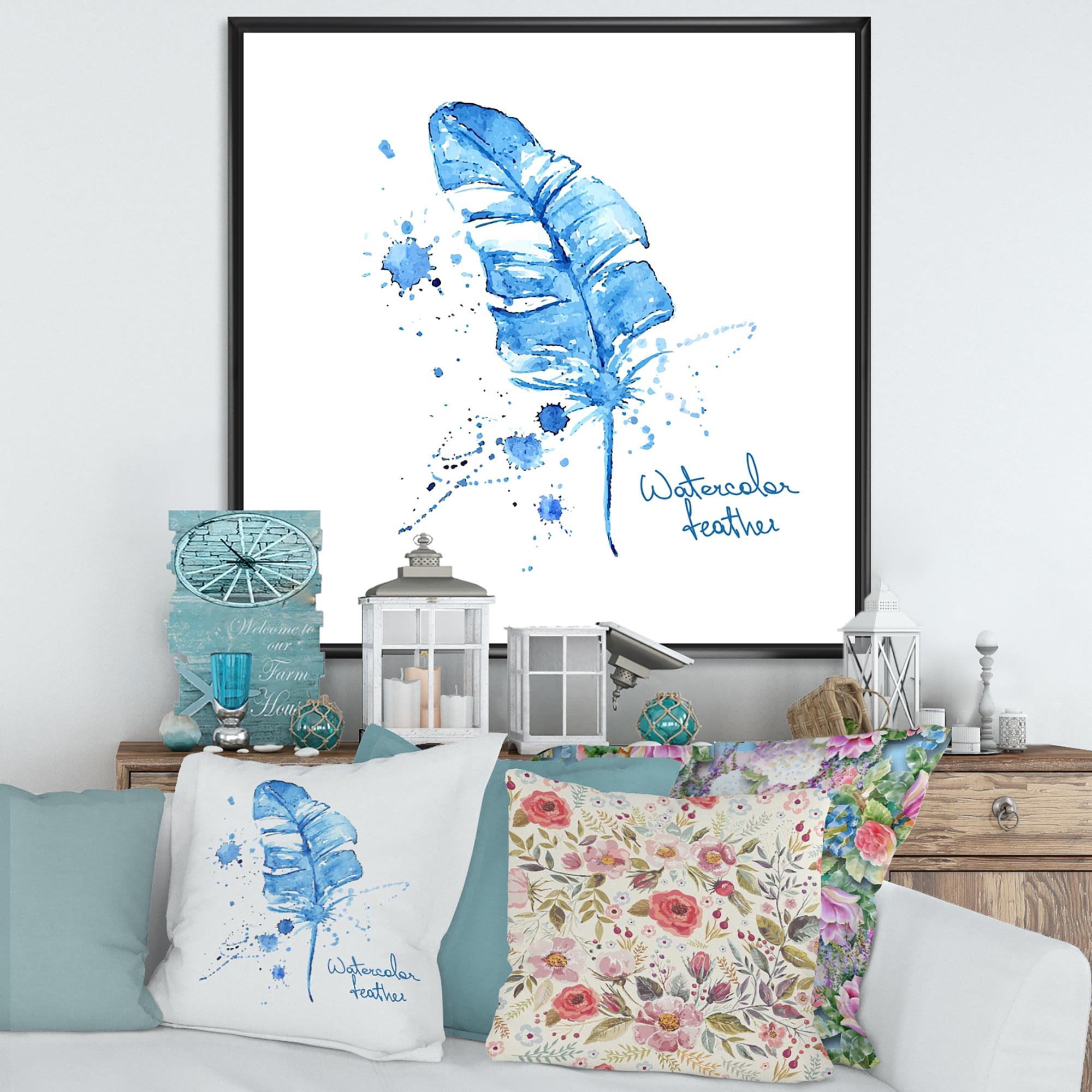 Ethnic Blue Feather On White 16 in x 16 in Framed Painting Canvas Art Print, by Designart