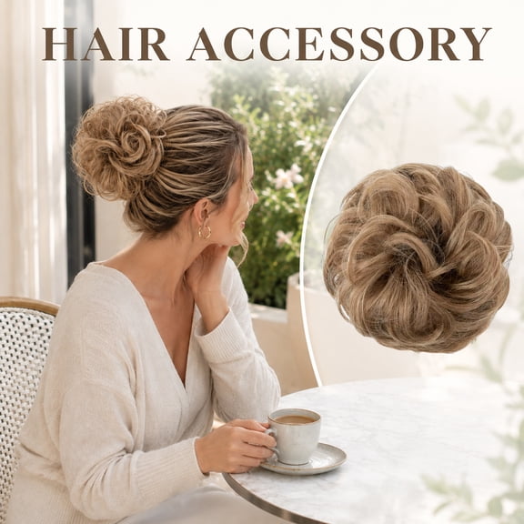 Messy Bun Hair Piece for Women, Wavy Curly Fake Hair Bun Extension, Voluminous Updo Ponytail Wiglet for Thin Short Hair, Pecan Blonde