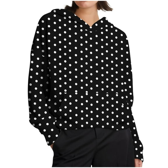 SwiftWear Women's Polka Dots Knit-Texture Hoodie Soft Drop-Shoulder Tops Pullover with Front Pocket Cozy Casual Lounge Wear Black