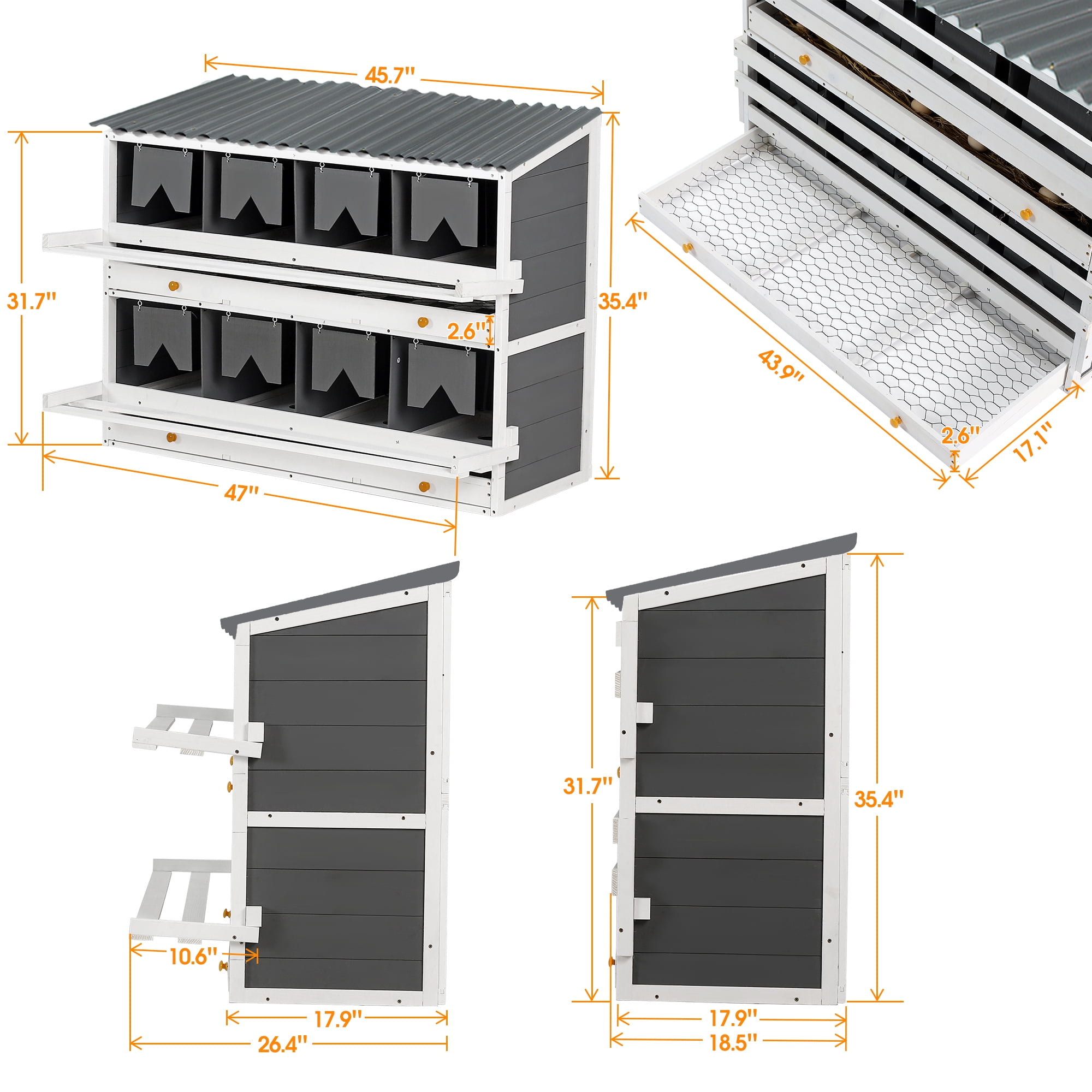 Wooden Chicken Nesting Box, 8 Compartments Egg Laying Boxes for Hens, Ducks and Poultry with Rollout Eggs Collection, PVC Roofing and Foldable Perches, 47"Lx26.4"Wx35.4"H