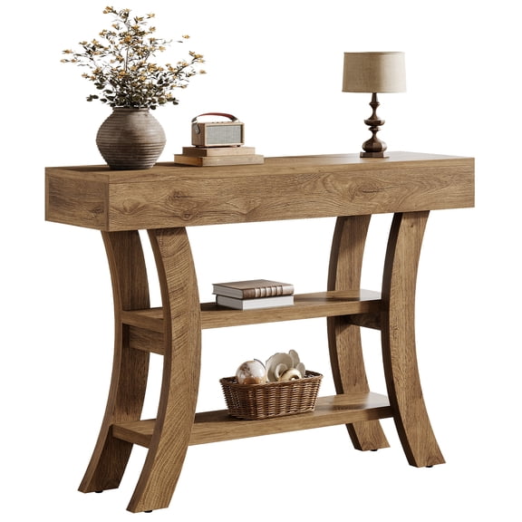 Tribesigns 41" Small Console Table for Entryway, 3-Tier Narrow Rustic Sofa Table with Storage Shelves and Curved Frame for Living Room, Entry, Hallway, Foyer, Rustic Brown