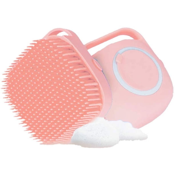 ROBATUN Dog Bath Brush & Shampoo Dispenser Set - 3 Brushes With Adjustable Handle For Dogs & Cats (Pink/Yellow)