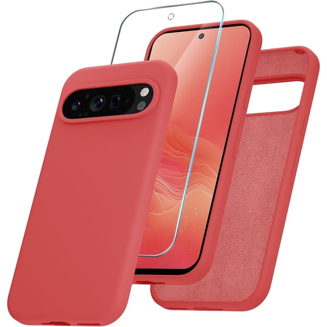 KOMI for Google Pixel 9 Pro XL Case, Silicone Phone Case with 1 Screen Protector, Soft Anti-Scratch Microfiber Lining, Full Body Shockproof Slim Cover Support Wireless Charging, Orange