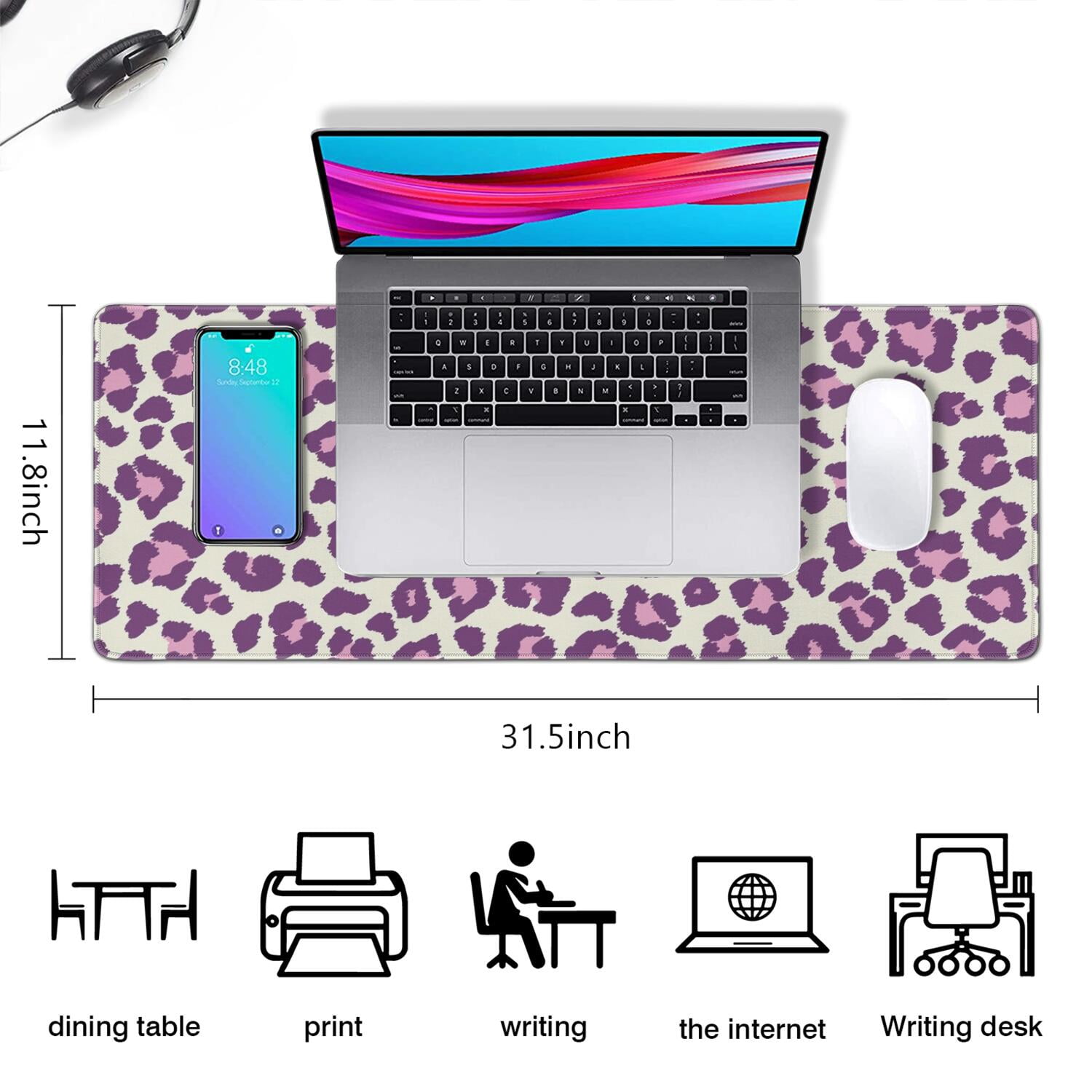 Long Mouse Pads for Desk,Light Green and Purple Of Leopard Print Desk Mats on Top Of Desks, Desk Mouse Pad Extra Large with 3mm Non-Slip Base and Stitched Edge for Gaming,Office,Work,Home 31.5"x11.8"
