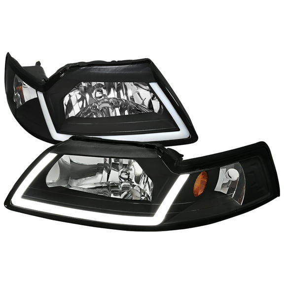 LED Bar Factory Style Headlights with Amber Reflector (Black Housing/Clear Lens) Made for and Compatible with 1999-2004 Ford Mustang