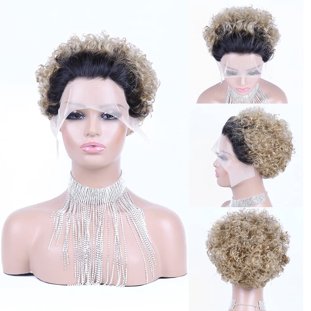 Pixie Cut Wig 13x1 Lace Front Wigs Short Curly Human Hair Wig Pixie Wigs for Women 1B/T27