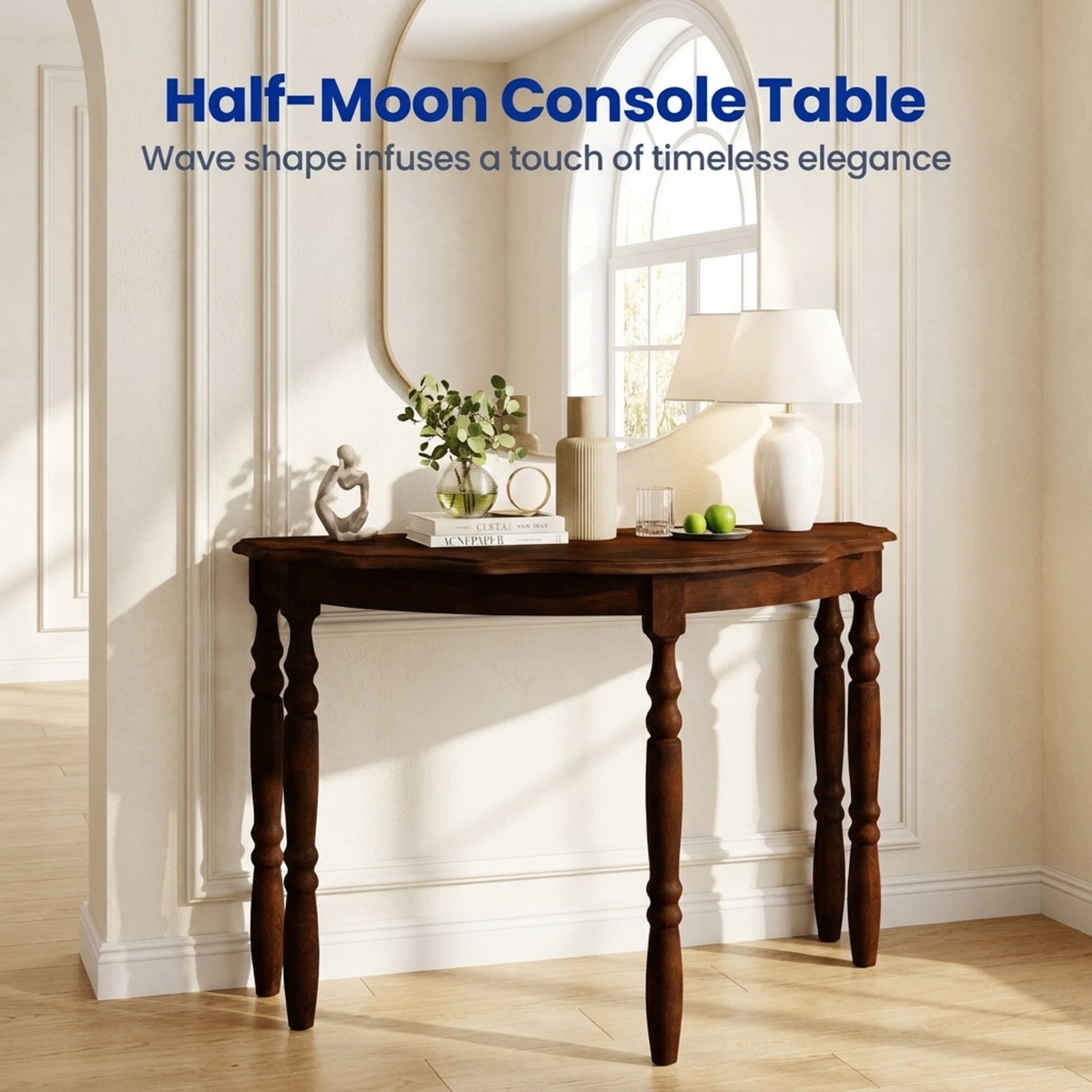 Furnibear 42 Inch Half Moon Console Table with Open Shelf and Solid Rubber Wood Legs for Entryway Hallway and Living Room, Espresso
