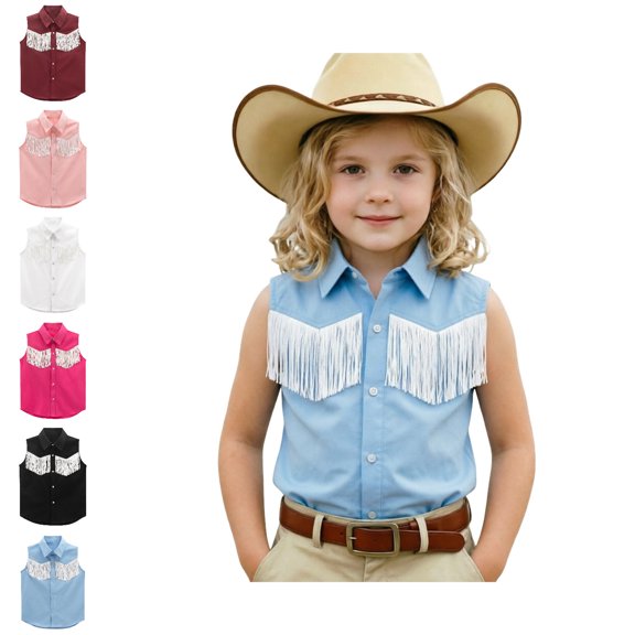 Girls Cowgirl Outfit Snap Button Down Fringe Shirt Sleeveless Tops