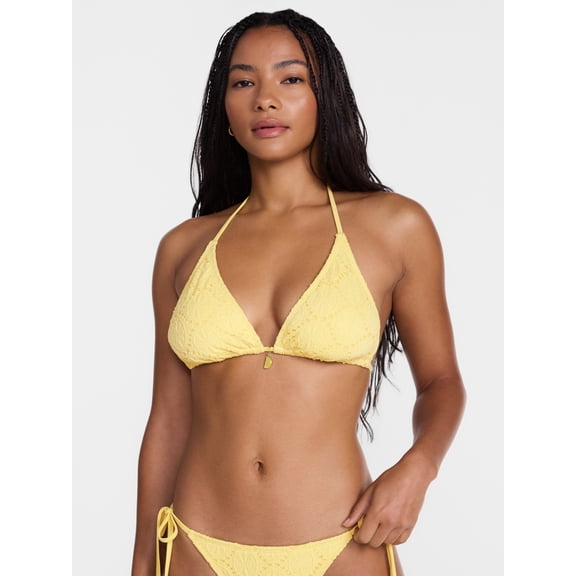 No Boundaries Lemon Eyelet Triangle Bikini Swim Top, Women's XXS-XXL