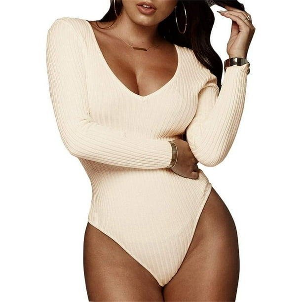  Long Sleeve Thong Bodysuit for Women, Deep V Collar Clothing  Tummy Control Tops T Shirt Bodysuit (Color : White, Size : Large) :  Clothing, Shoes & Jewelry