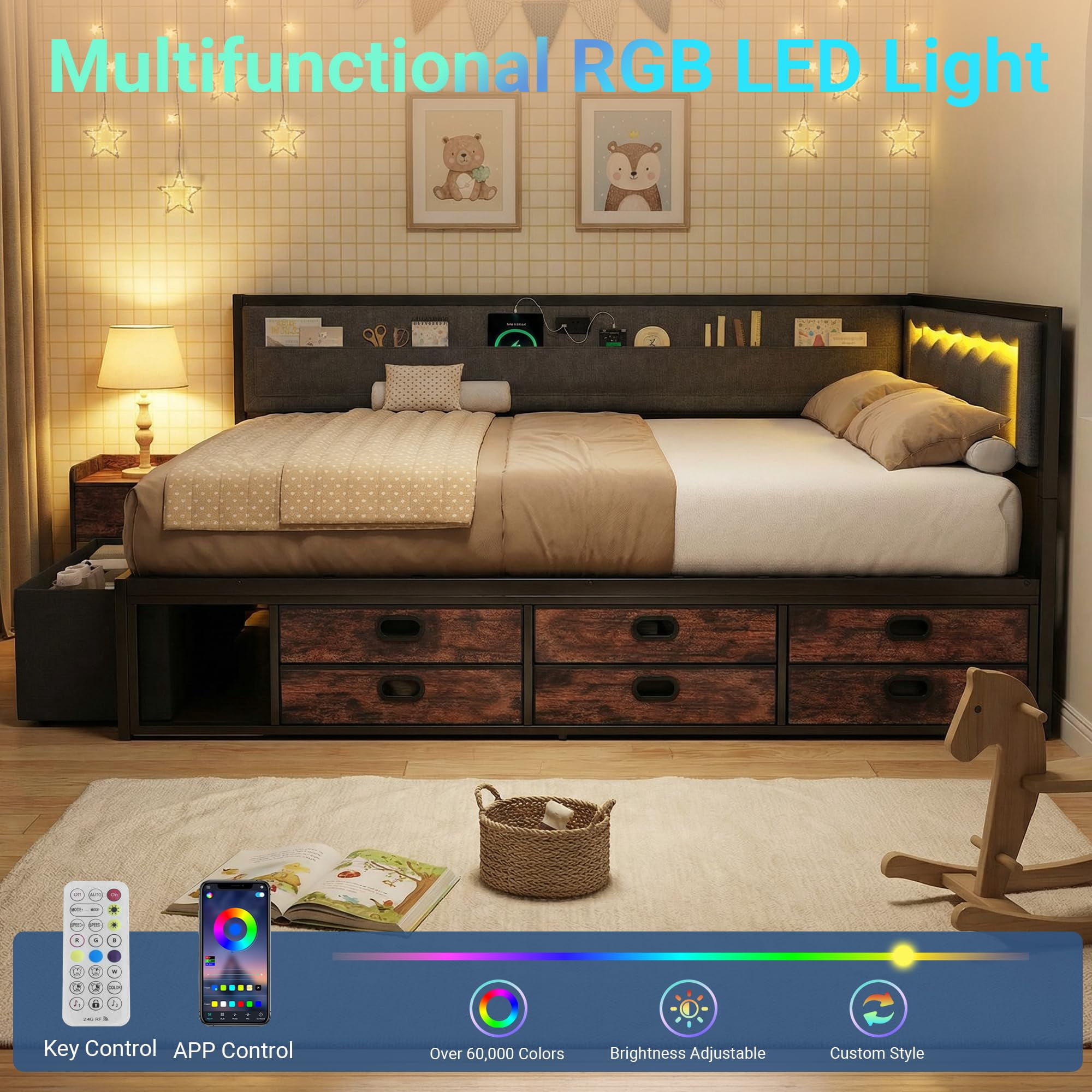 Miniyam Twin Daybed with Storage Drawers, Charging Station and LED Light, Reversible Upholstered Corner Bed Frame